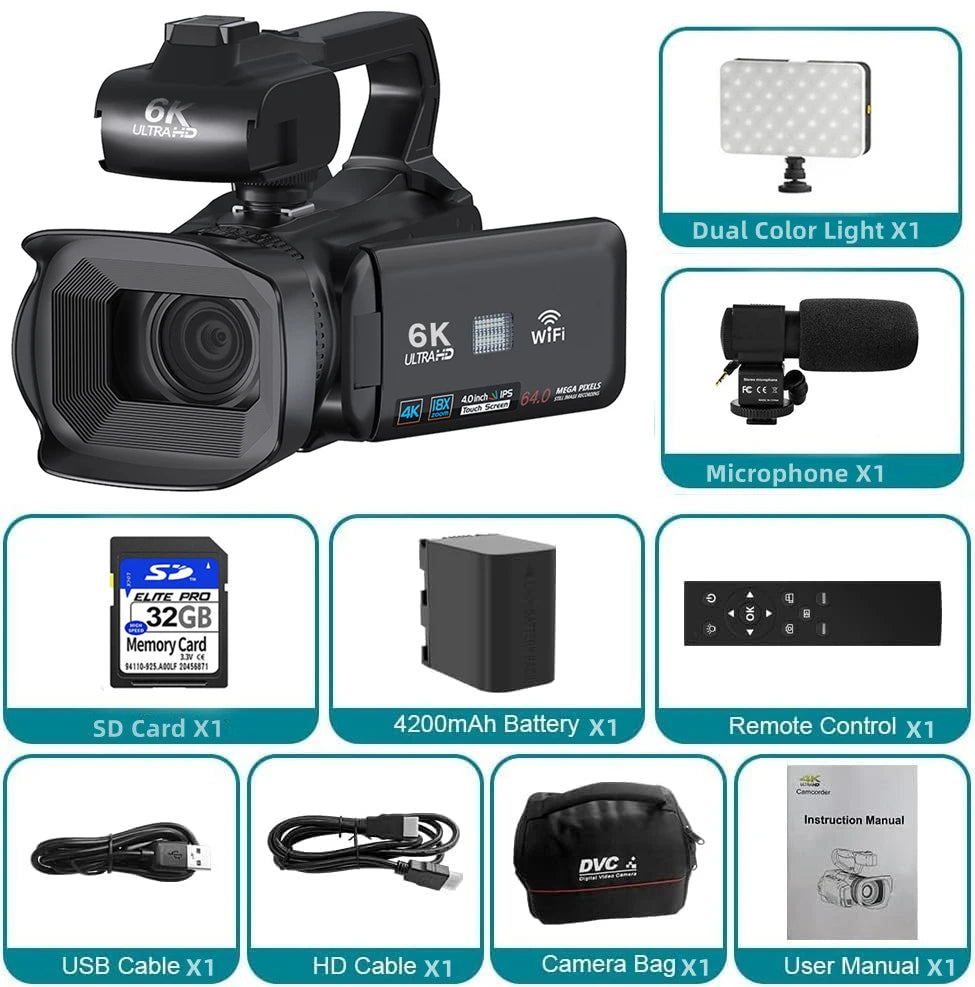 Full 6K Camcorder 64MP Youtuber Professional Digital Video Camera Streaming Auto Focus Photography Vlog Recorder 4" Touch Screen - Universal Market
