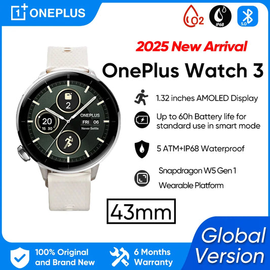 Global Version OnePlus Watch 3 43mm Smartwatch 1.37 inches AMOLED Display Snapdragon W5 Gen 1 Up to 60h Battery life