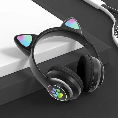 Flash Lamp Cute Cat Ears Headphone Bluetooth5.0 Stereo With Mic Support TF Card Wireless Kids Girl Earphone Birthday Gift - Universal Market