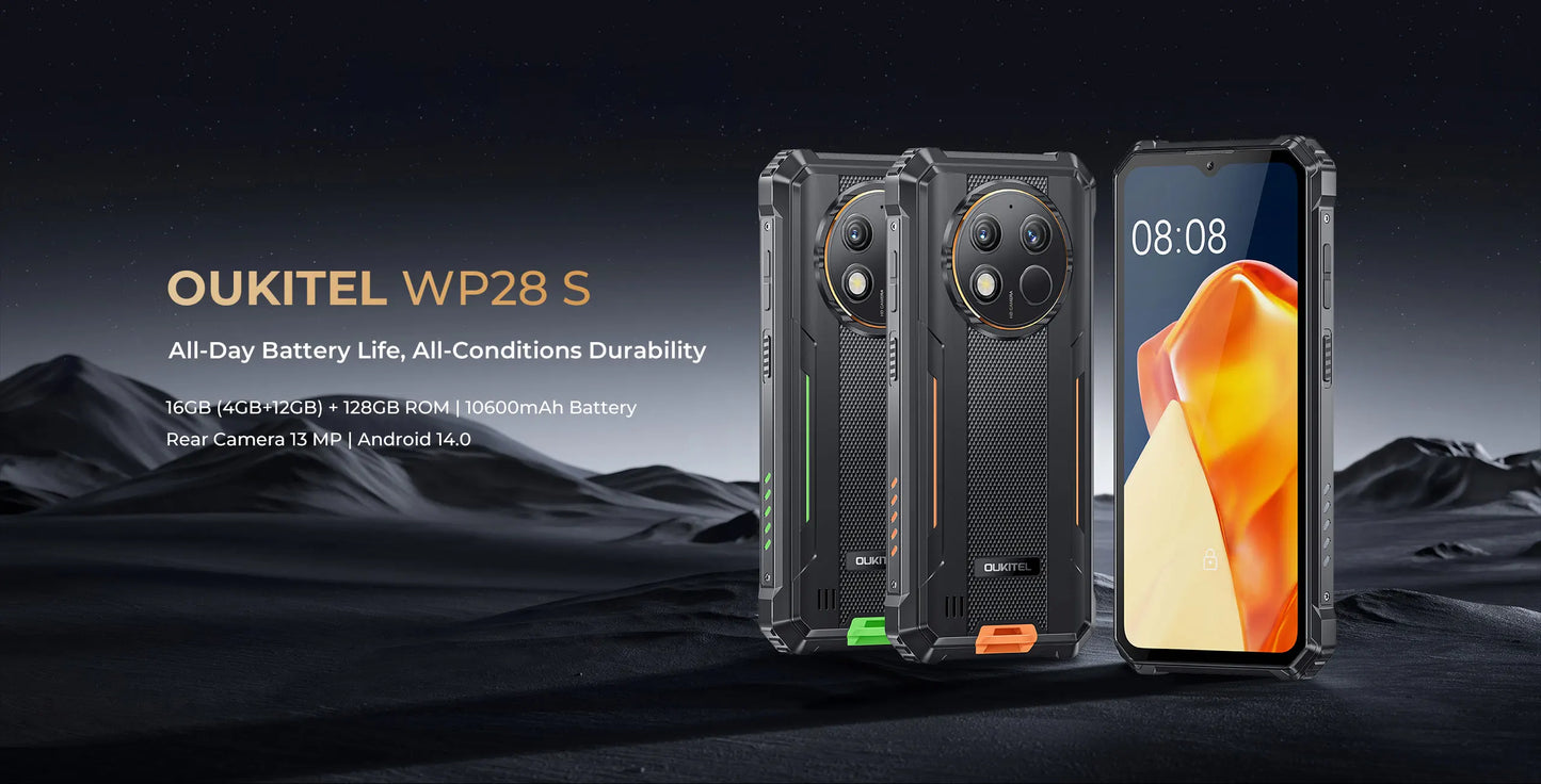 Oukitel WP28 S Rugged Smartphone 6.52‘’ HD 10600MAH 16GB (4+12)+128GB ANDROID14 13MP Camera Cellphone