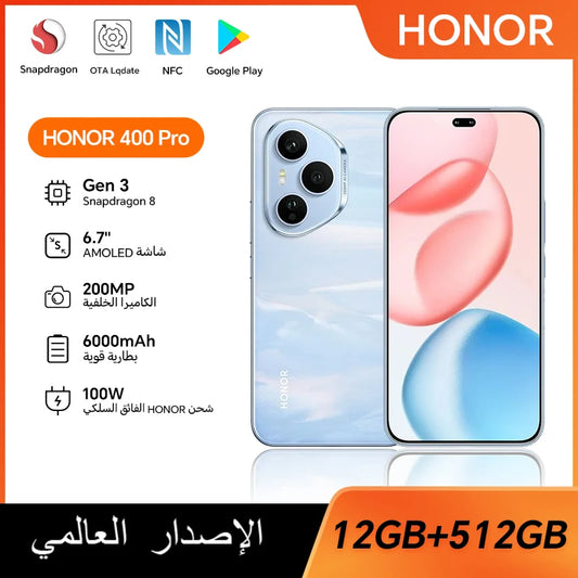 2025 New HONOR 400 Pro 5G Global Version Smartphone 200MP AI Main Camera 6.7'' AMOLED Screen 6000 mAh 100W Wired 50W Wireless