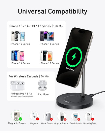 Anker MagSafe Charger Stand Compatible, MagGo 2-in-1 Charging Station, 【Upgraded】 Qi2 Certified 15W Wireless Charger Stand, for