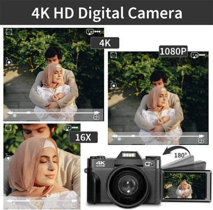 4K Compact Digital Photography Camera 16X 48MP Electronic Image Stabilization vlog Tiktok Ins Youtube Camcorder 3" Flip Screen - Universal Market