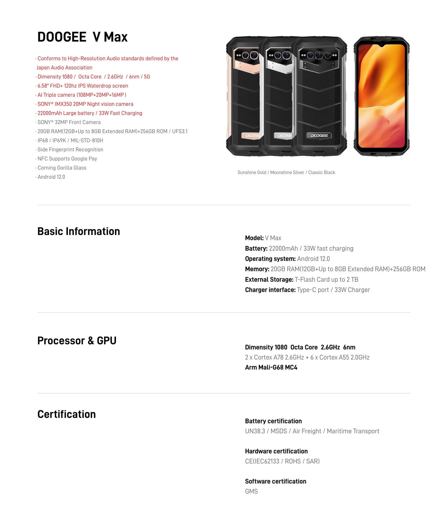 5G Phone DOOGEE V Max Rugged Smartphone 22000mAh,12GB+256GB Cellphone 108MP Camera Smartphone 120Hz Dimensity 1080,Hi-Res,NFC