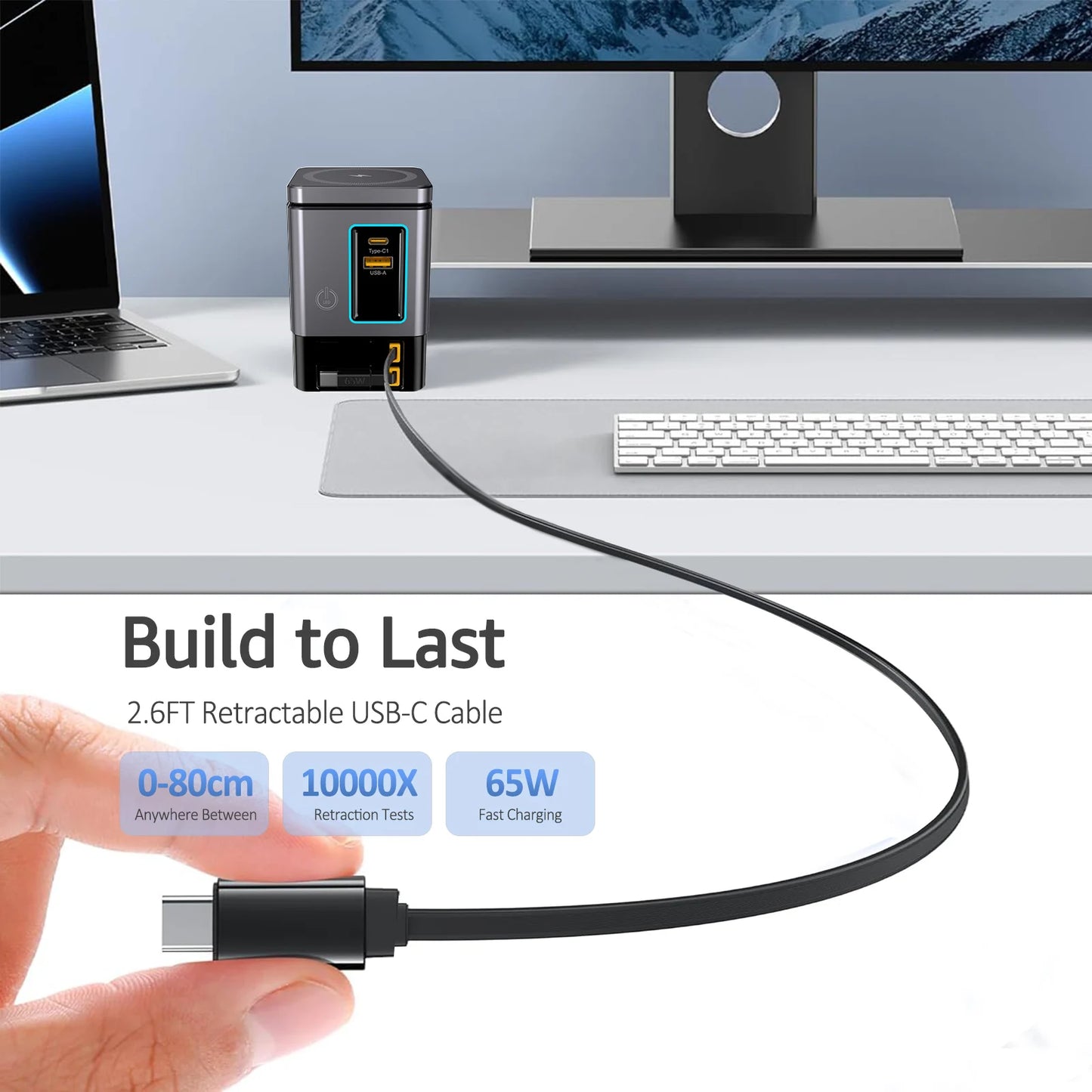 105W Dual Retractable Cable Multi-Port Desktop Charger 2-in-1 Wireless Charger C-Port Blind Plug 65W with LED Ambient Lights