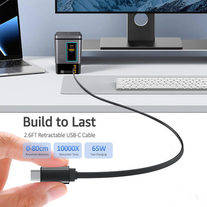 105W Dual Retractable Cable Multi-Port Desktop Charger 2-in-1 Wireless Charger C-Port Blind Plug 65W with LED Ambient Lights