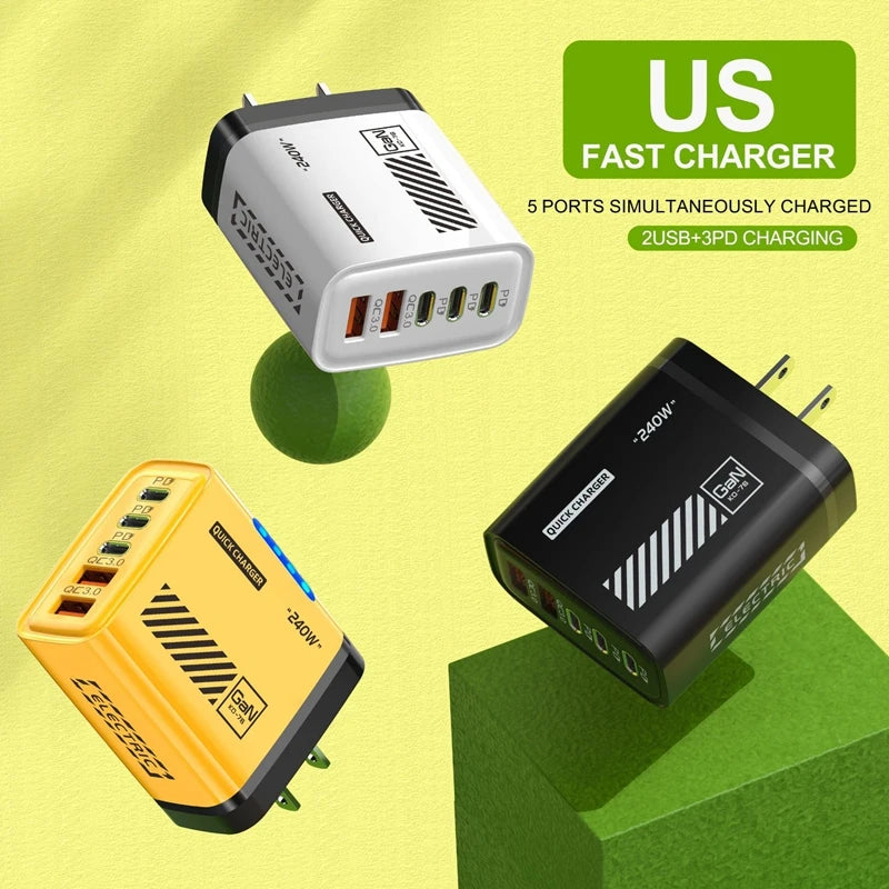 Xiaomi 240W 5 Ports Type-C USB Fast Charger EU US Plug Charger With LED Light Desktop Power Adapter For Iphone Samsung Huawei