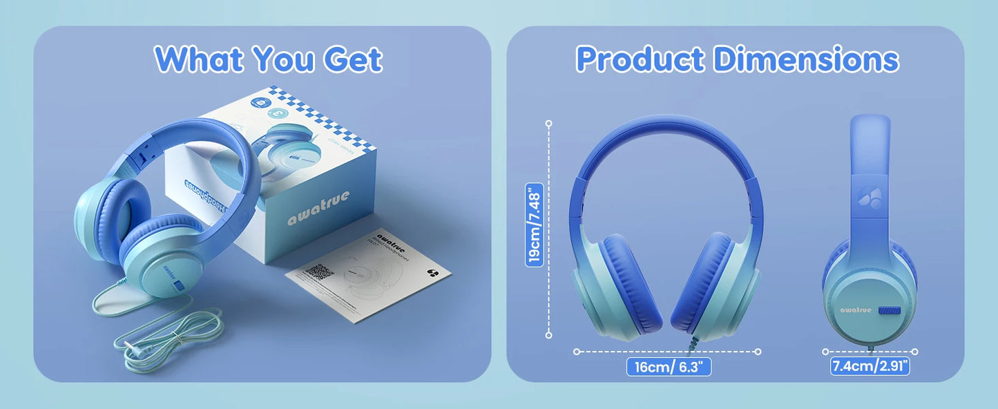 AWATRUE HK07 Kids Wired Headphones Stereo Sound Earphone with Mic Music Study Headset Limited Volume 74dB/85dB for Children - Universal Market