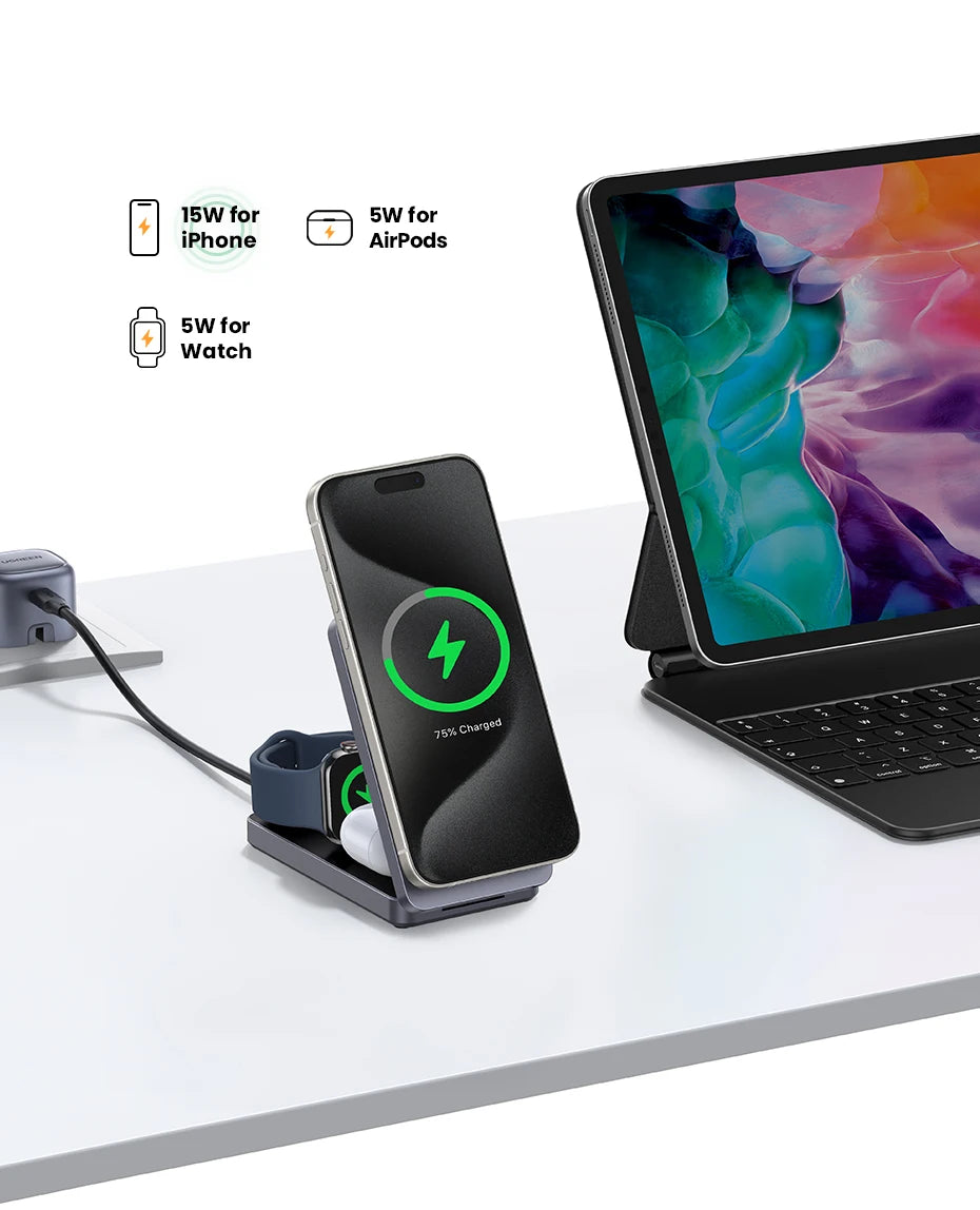 UGREEN 3-in-1 MFi 15W MAX Magnetic Wireless Charger Qi2 Charging Stand For iPhone 16 17 Pro Max For MagSafe Fast Charger