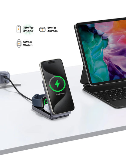 UGREEN 3-in-1 MFi 15W MAX Magnetic Wireless Charger Qi2 Charging Stand For iPhone 16 17 Pro Max For MagSafe Fast Charger