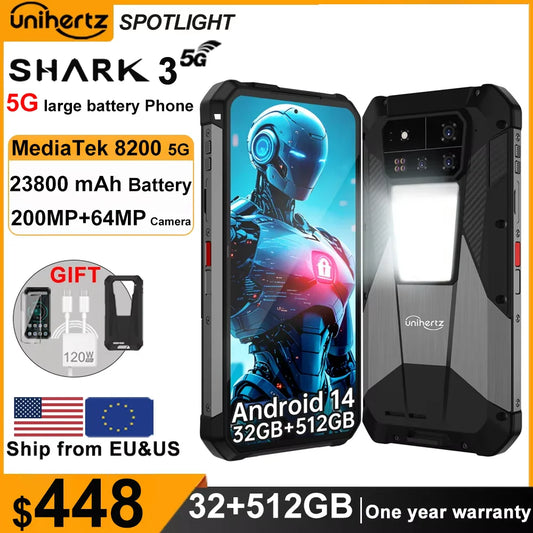 Unihertz Shark 3 by 8849 Rugged Smartphone android 14 3K AMOLED Display 32GB RAM 512GB ROM Dimensity 8300 CPU Mobile Phone