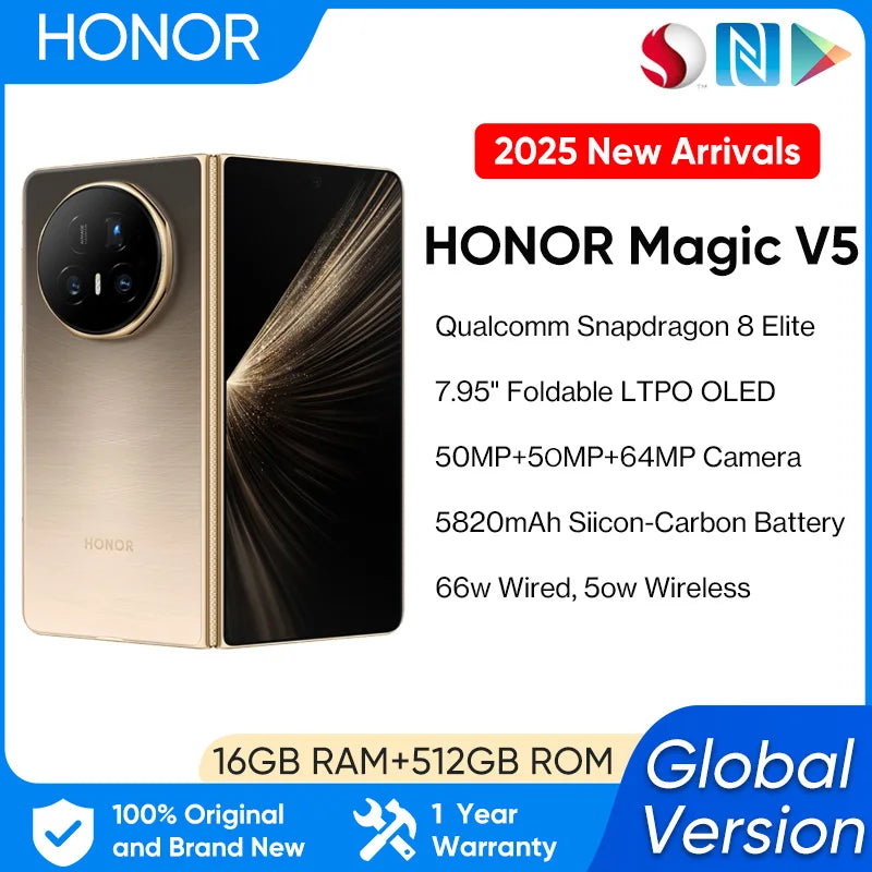 New ArrivalGlobal Version HONOR Magic V5 5G Foldable Smartphone 7.95" LTPO OLED Display Snapdragon 8 Elite 5820mAh 66W Wired NFC