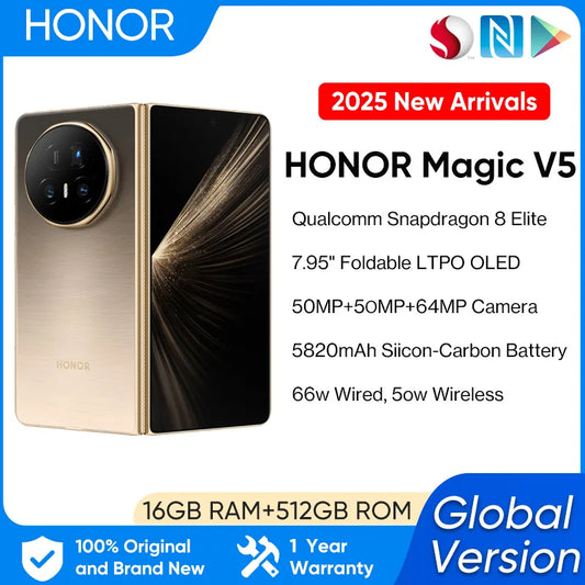 New ArrivalGlobal Version HONOR Magic V5 5G Foldable Smartphone 7.95" LTPO OLED Display Snapdragon 8 Elite 5820mAh 66W Wired NFC