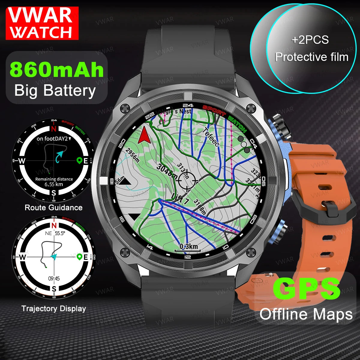 2025 NEW GPS Smart Watch with Offline Map 30m Waterproof 860mAh Big Battery Military Smartwatch Men 4GB Storage Video Player