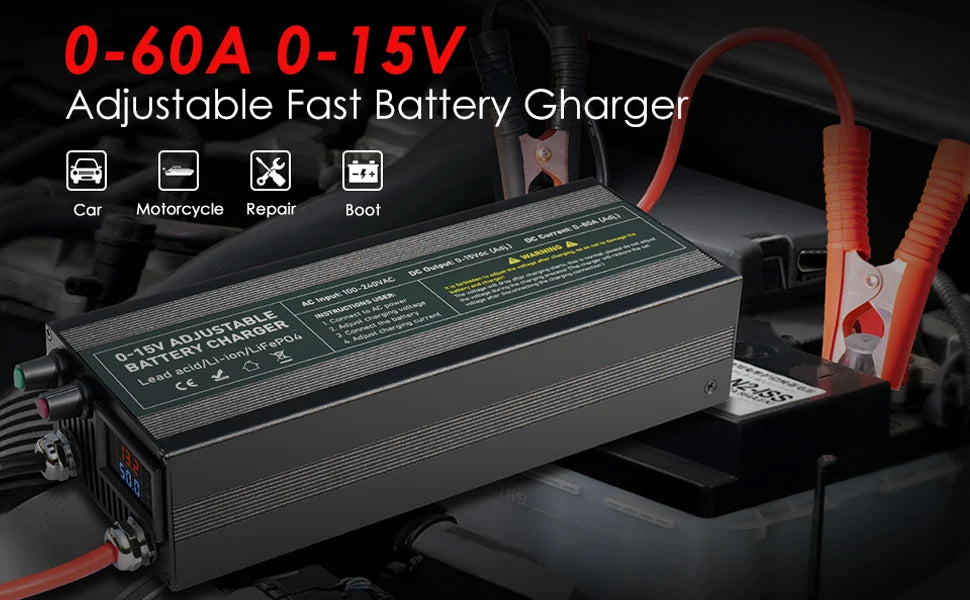Lifepo4 Charger 12V 60A 100A Lithium Battery Charger 110V-240V Input 0-15V Adjustable Quick Fast Adapter for Lifepo4 Battery