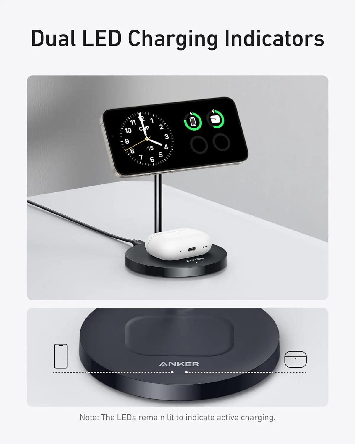 Anker MagSafe Charger Stand Compatible, MagGo 2-in-1 Charging Station, 【Upgraded】 Qi2 Certified 15W Wireless Charger Stand, for