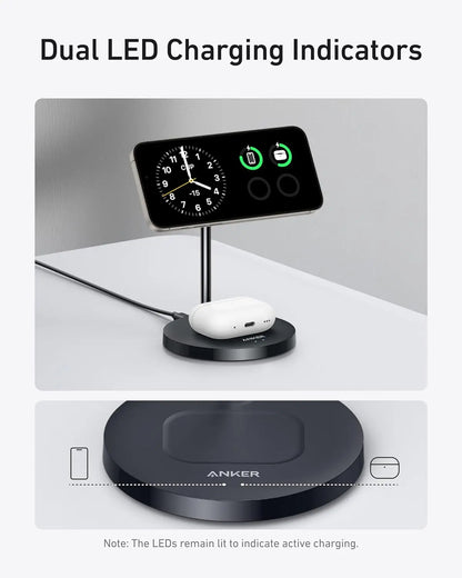 Anker MagSafe Charger Stand Compatible, MagGo 2-in-1 Charging Station, 【Upgraded】 Qi2 Certified 15W Wireless Charger Stand, for