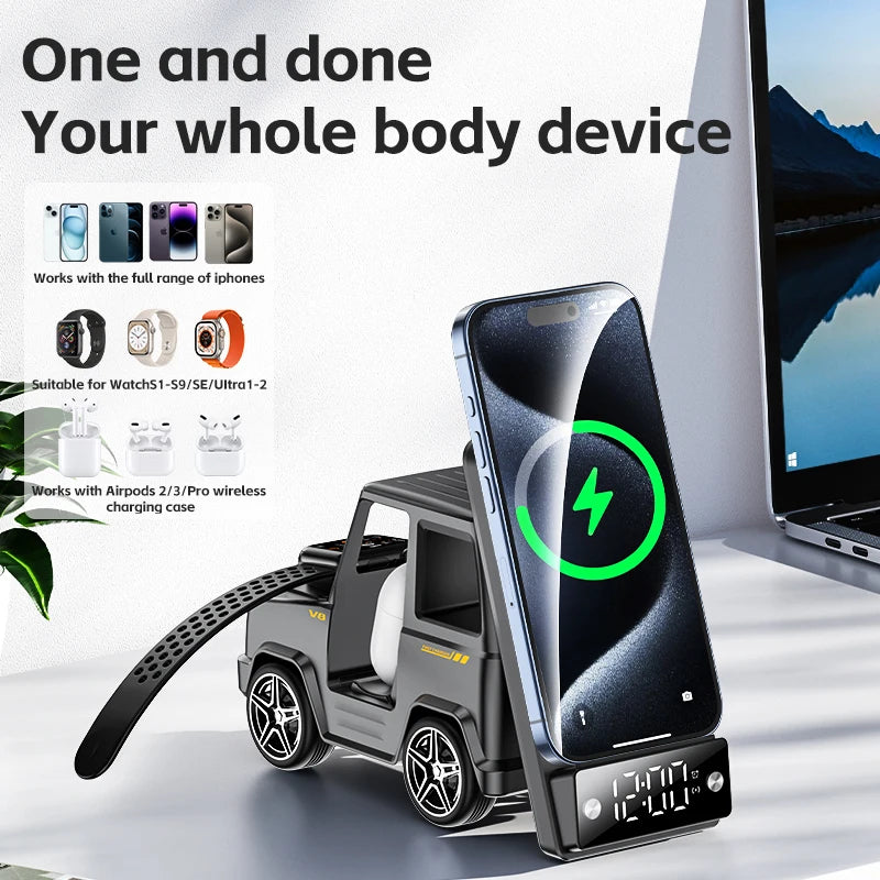 2025 September New Design Double Coil Design Forklift Wireless Charger 6 in 1 Phone Wireless Charger for iPhone Earphone Watch