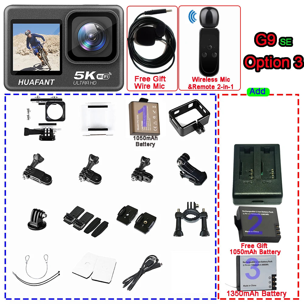 G9SE Action Camera 5K30fps 4K60fps 50MP 2.0 Touch LCD EIS DVR Webcam Dual Screen Wi-Fi 170D Waterproof 30M 5X Zoom Sports Camera