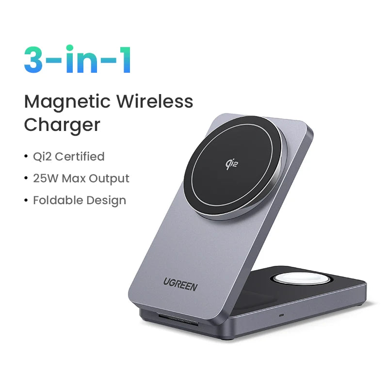 UGREEN 3-in-1 MFi 15W MAX Magnetic Wireless Charger Qi2 Charging Stand For iPhone 16 17 Pro Max For MagSafe Fast Charger