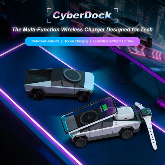 Multifunctional Magnetic Wireless Charger Car 3-in-1 Motorized Rotation Fast Phone Charger Gift Bedroom Cool Decoration