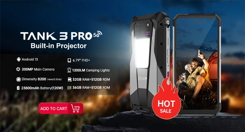 8849 Tank 2 PRO Projector Rugged Smartphone Android 2.4K 24GB 512GB 100MP Camera 23800mAh 120W Dual Sim OTG Phone