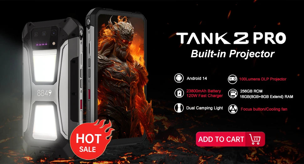 8849 Tank 2 PRO Projector Rugged Smartphone Android 2.4K 24GB 512GB 100MP Camera 23800mAh 120W Dual Sim OTG Phone