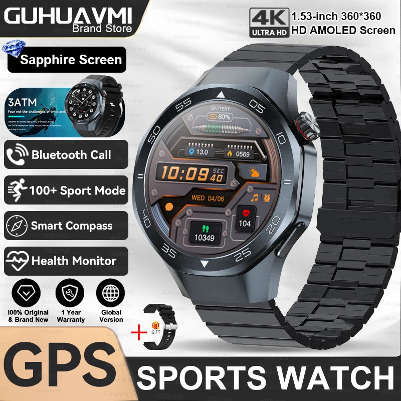 2025New Upgraded Outdoor Sport GPS Smart Watch Men 1.53" HD AMOLED Screen GPS track Heart Rate Bluetooth Call Compass SmartWatch