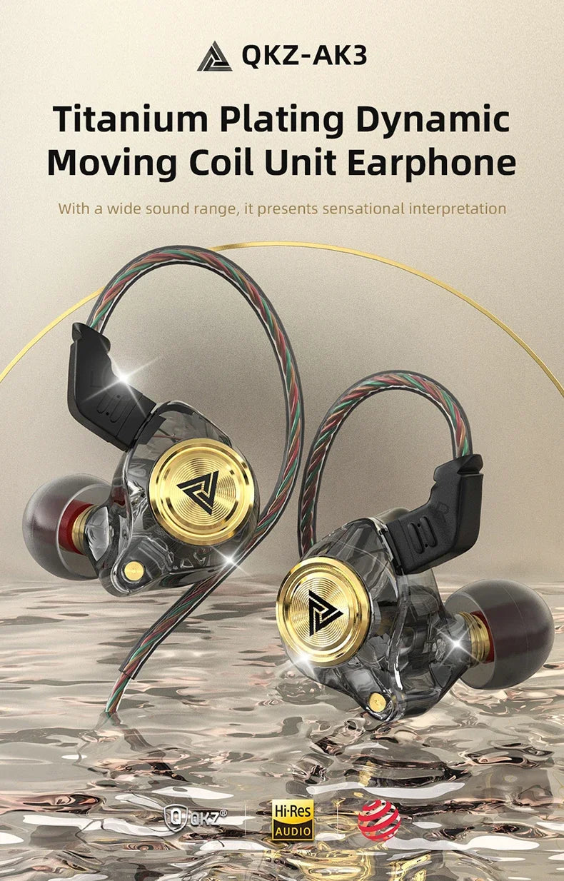 QKZ AK3 FiLe Wired Earphone with Microphone HiFi Music Monitor Bass Headphones Noise Cancelling Headset For Sport Gaming Earbuds - Universal Market
