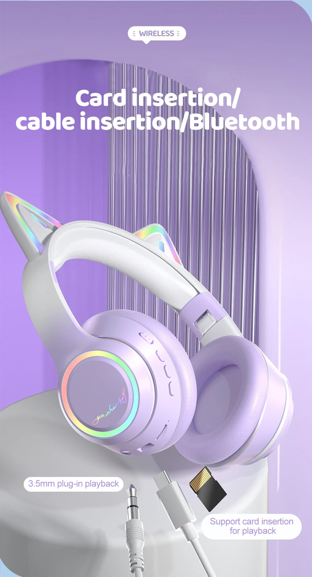 Gradient Wireless Headphones RGB Cat Ear Bluetooth Headphones With Microphone Stereo Music Game Earphone For Girls Kids Gifts - Universal Market