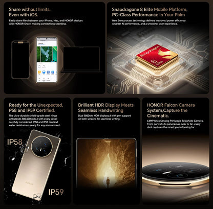 Global Version HONOR Magic V5 5G 16GB+512GB Foldable OLED Screen Snapdragon 8 Elite 5820 mAh Battery 50W Wireless SuperCharge