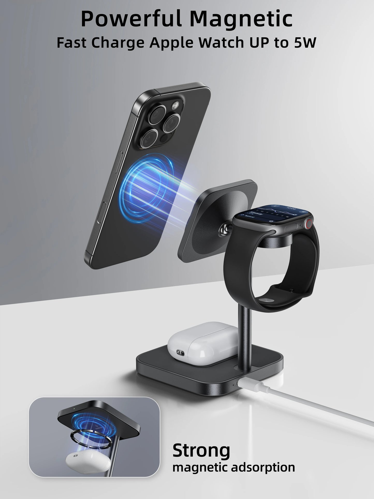 LULULOOK Qi2 3 in 1 Wireless Charging Station,Aluminum 15W Fast Mag-Safe Charger Stand for iPhone 17 16 15 14,5W for Apple Watch