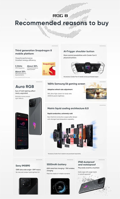 ASUS ROG 8 & 8 pro android 5G Gaming Phone Global Rom Snapdragon 8 Gen 3 6.78'' 165Hz AMOLED Screen 5500mAh 65W Fast Charge