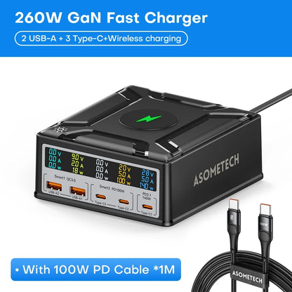 260W USB C GaN Charger, Desktop Wireless Charger PD3.1 140W 100W Fast Charging Station, Power for MacBook Pro iPhone 15 Samsung