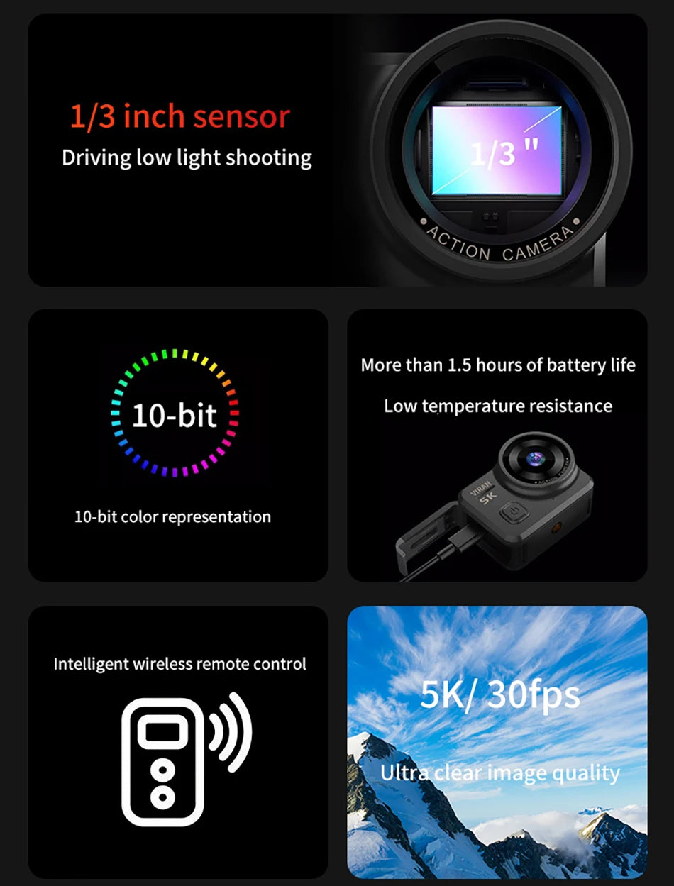 5K Action Camera V10 Electronic Image Stabilization 2" Touch LCD 4K Waterproof Action Camera Dashcam Motion Detection