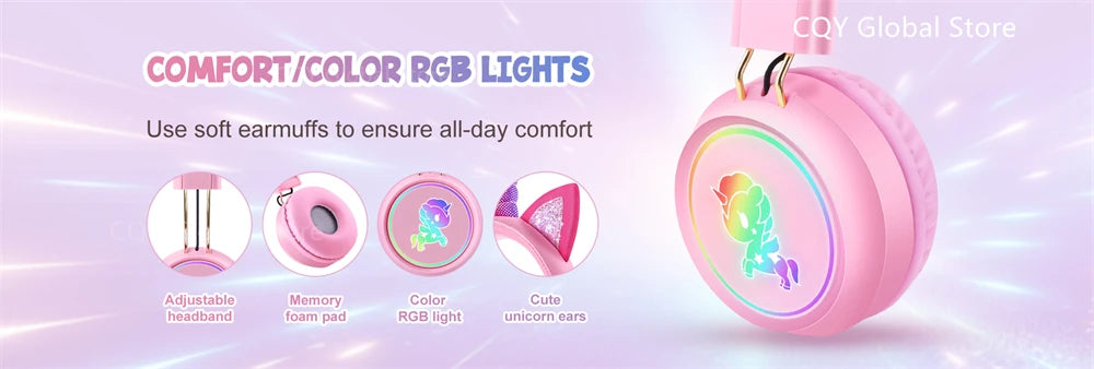 RGB Unicorn Kids Wireless Headphones With Mic Music Stereo Earphone Cute Unicorn Control RGB Light Headset Girls Kids Gift - Universal Market