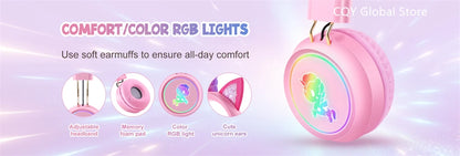 RGB Unicorn Kids Wireless Headphones With Mic Music Stereo Earphone Cute Unicorn Control RGB Light Headset Girls Kids Gift - Universal Market