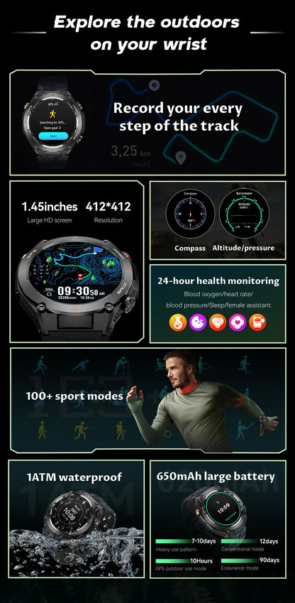 TLCRETE Men Outdoor Smartwatch Stainless Steel BT Call 650mAh Built-In GPS AI Voice Assistant 1ATM Waterproof Smart Watch KC82