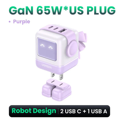 UGREEN 65W GaN Charger Uno Robot Design Quick Charge 4.0 3.0 PPS PD Fast Charger for iPhone 17 16 15 Pro Macbook  Laptop Tablet