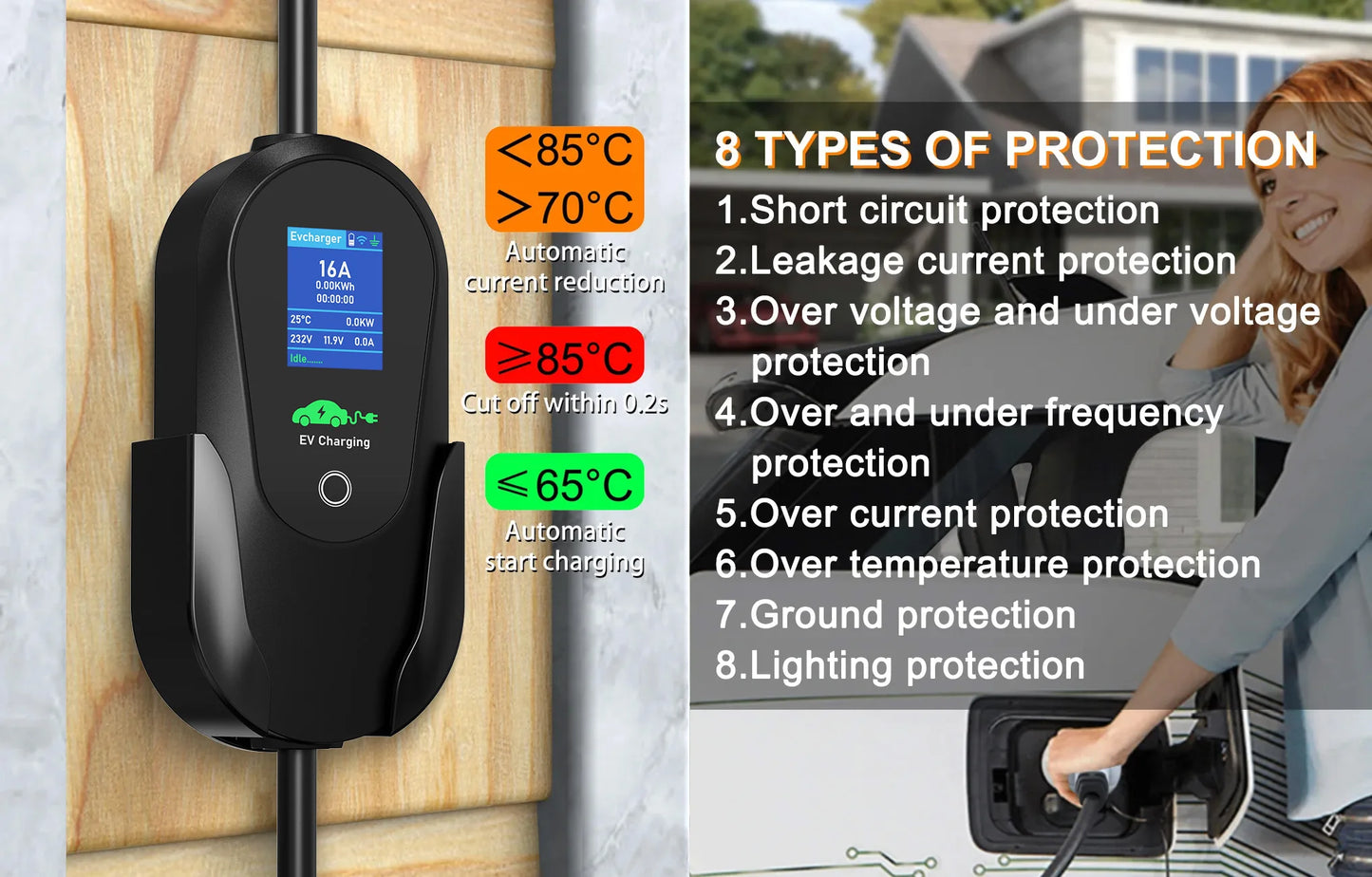 AFEEV Type2 IEC 62196-2 Portable EV Charger 7.2KW 32A Type1 SAEJ1772 Wallbox EVSE Fast Charging Cable WiFi APP Bluetooth Control