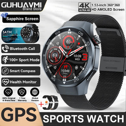 2025New Upgraded Outdoor Sport GPS Smart Watch Men 1.53" HD AMOLED Screen GPS track Heart Rate Bluetooth Call Compass SmartWatch