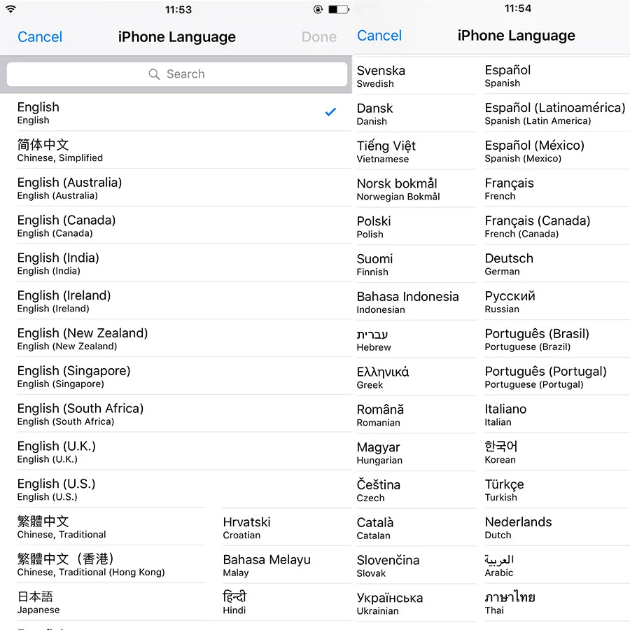 iPhone SE specifications unlocked mobile language settings showing various language options on screen.