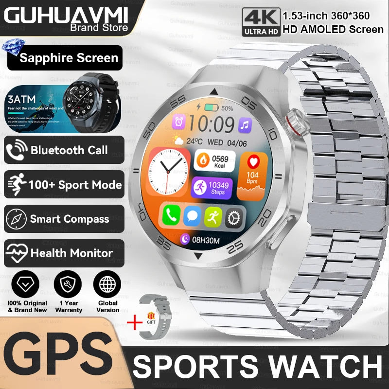 2025New Upgraded Outdoor Sport GPS Smart Watch Men 1.53" HD AMOLED Screen GPS track Heart Rate Bluetooth Call Compass SmartWatch