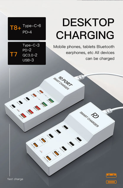 AIXXCO 72W 8 Ports PD QC3.0 USB C Fast Charger Type c Wall Adapter Super Fast Charging For Iphone Samsung Ipad Xiaomi