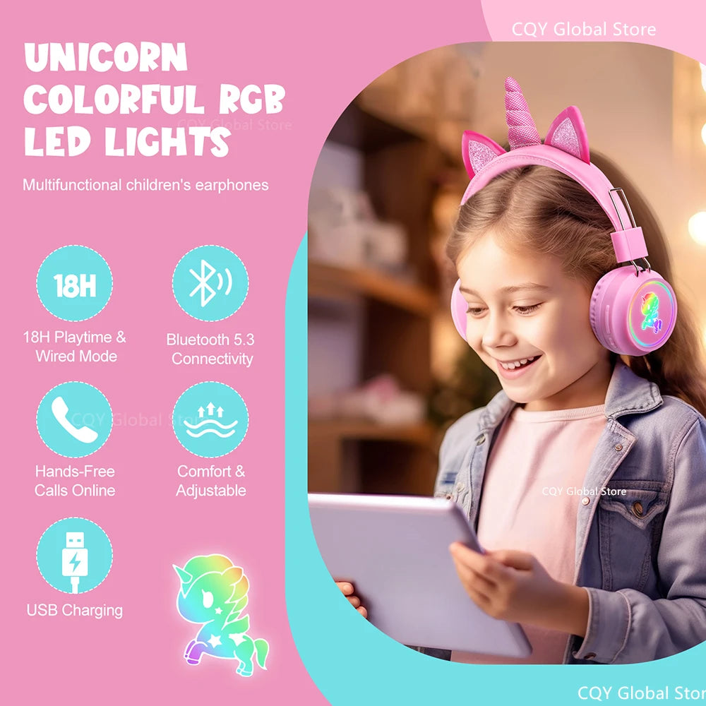 RGB Unicorn Kids Wireless Headphones With Mic Music Stereo Earphone Cute Unicorn Control RGB Light Headset Girls Kids Gift - Universal Market