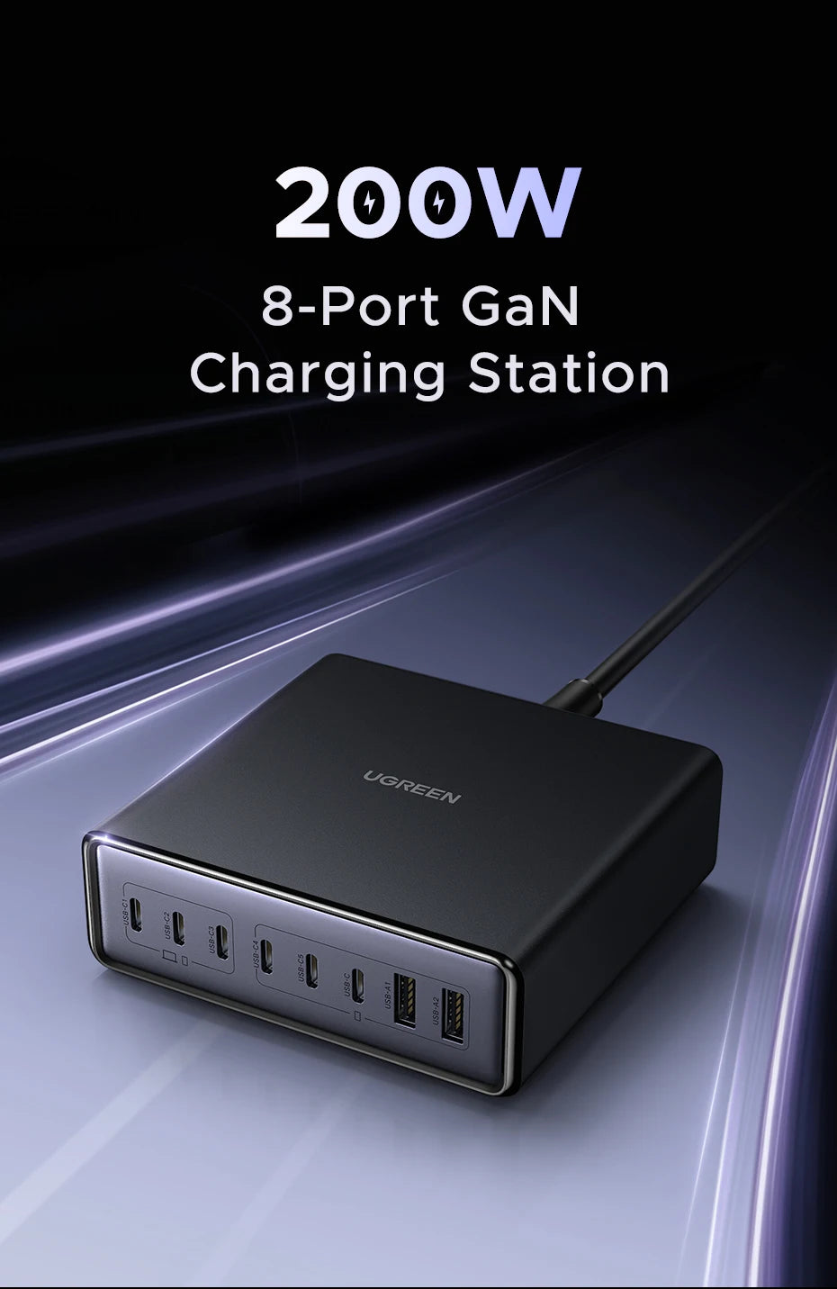 UGREEN 200W GaN Charger 8 in 1 Desktop Laptop Fast Charging Stand For iPhone 17 16 15 Pro Max Macbook Air Xiaomi Samsung Tablets