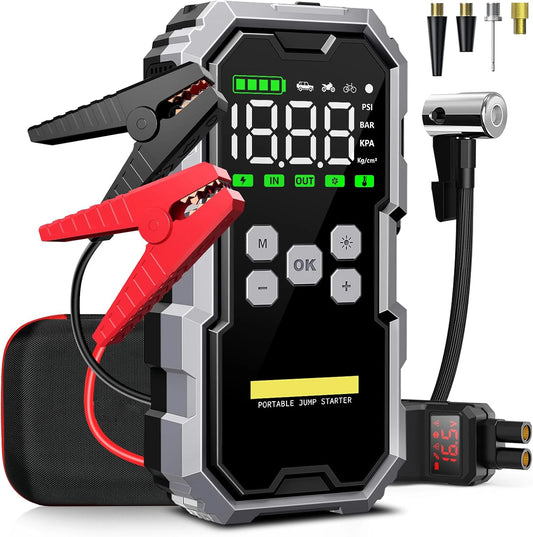 2025 New 4 in 1 Multi-Functional 12V Car Jump Starter 6000A 21800mAh Power Bank With Air Compressor, LED Light, and USB Charger