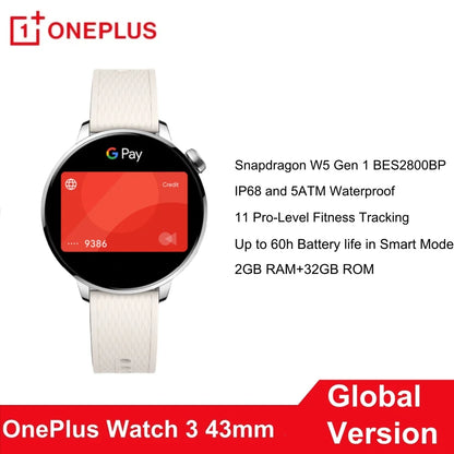 Global Version OnePlus Watch 3 43mm Smart Watch NFC 1.32" AMOLED Screen Snapdragon W5 Bluetooth Calling Health Tracking