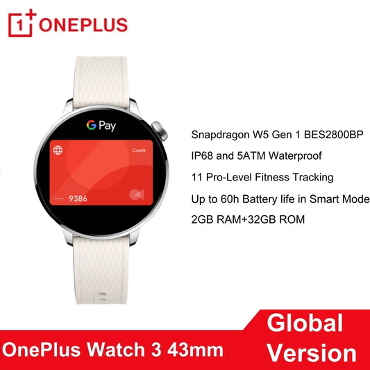 Global Version OnePlus Watch 3 43mm Smart Watch NFC 1.32" AMOLED Screen Snapdragon W5 Bluetooth Calling Health Tracking