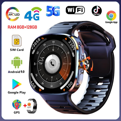 8GB+128GB RAM 5G/4G Android 9.0 Smart Watch 2.4 inch AMOLED 2100mah Battery 900W Camera GPS WIFI Google APPS Download Smartwatch